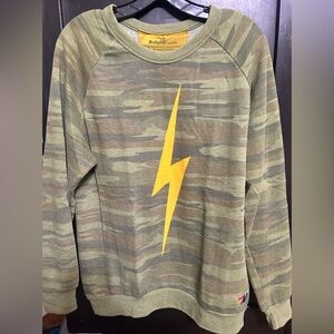 Aviator Nation Green Camo Sweatshirt with Yellow Lightning Bolt
